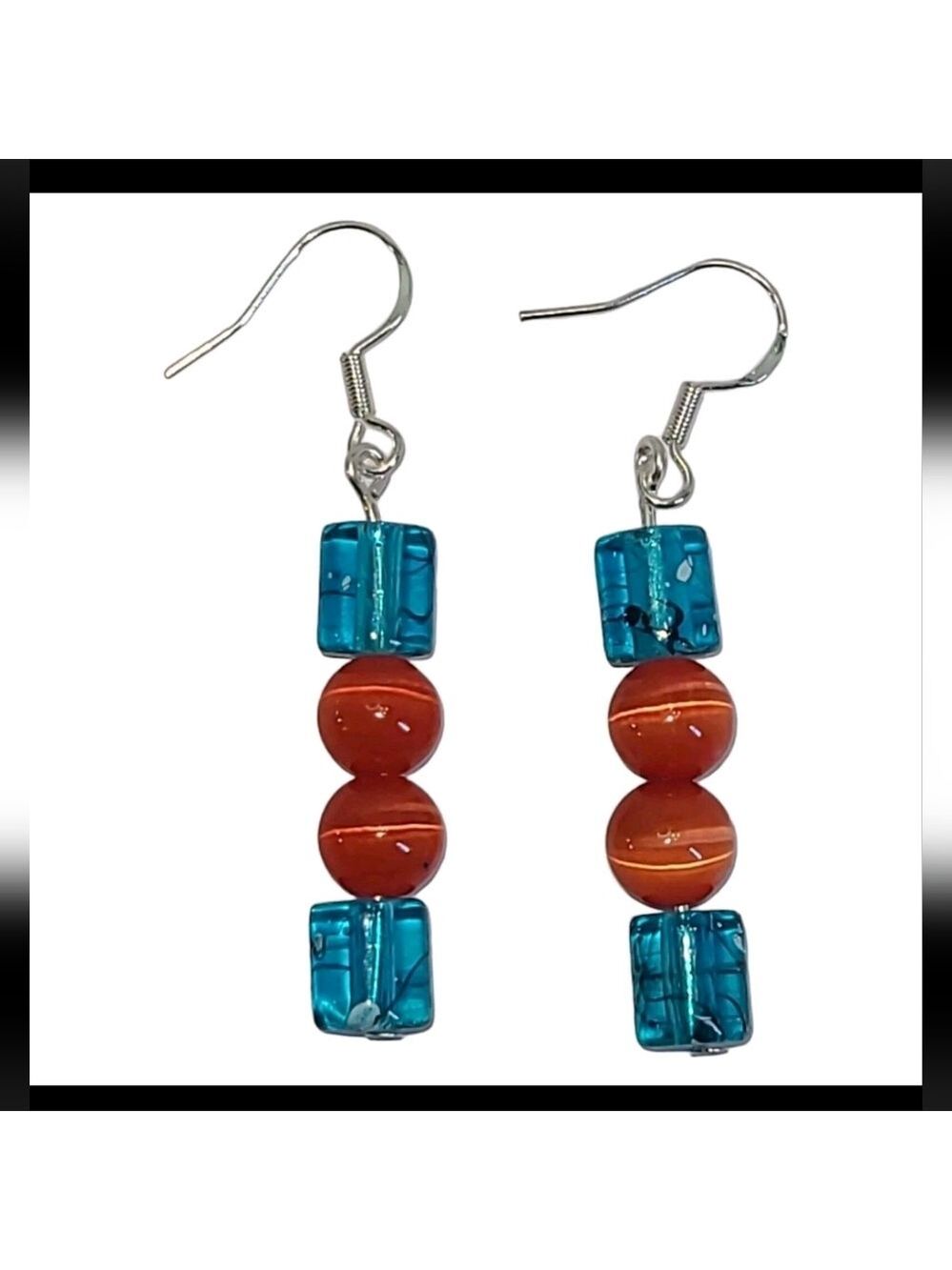 Sterling Silver 925 Art Glass Bead Dangle Earrings Blue & Orange Cat Eye 2"